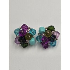 Vintage West Germany Blue Purple Art Glass Hand Wired Beaded Clip On Earrings